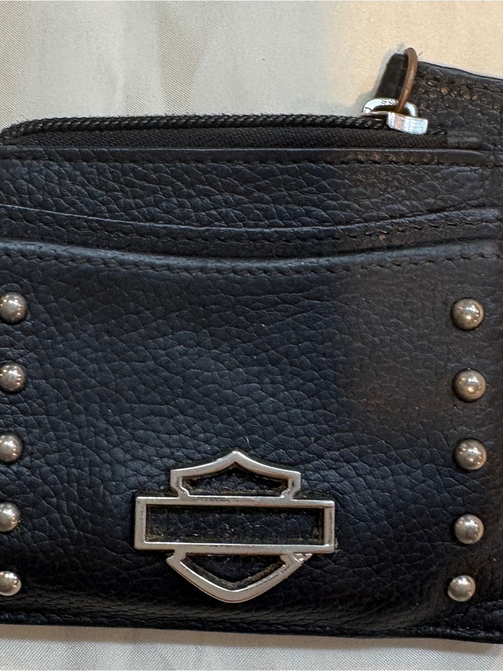 Harley-Davidson Black Leather Studded Zip Wallet with Shield Plaque